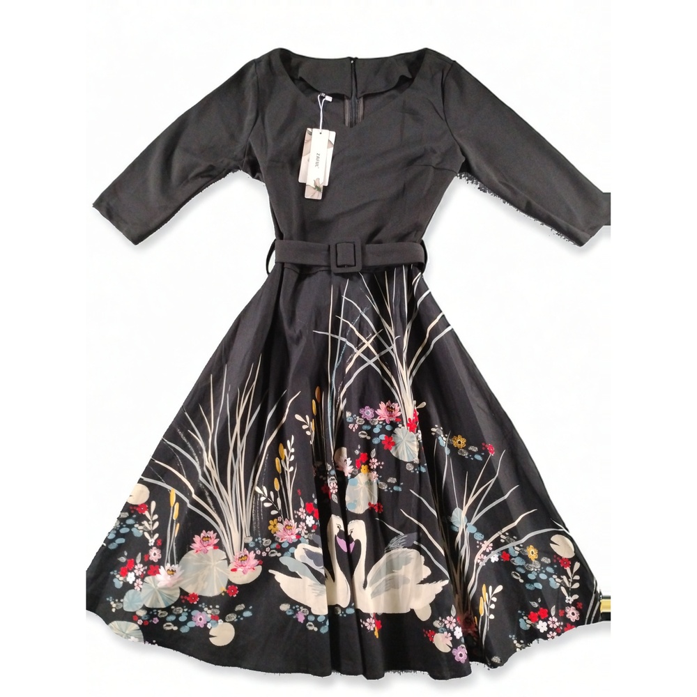 ZAFUL Fit and Flare Dress M Cotton Botanical Swan Print Belted Pinup Rockabilly